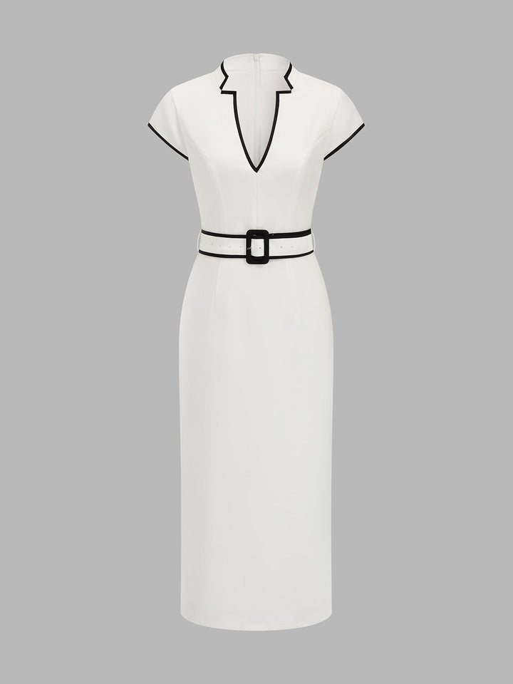 Contrast Trim Belted Pencil Midi Dress