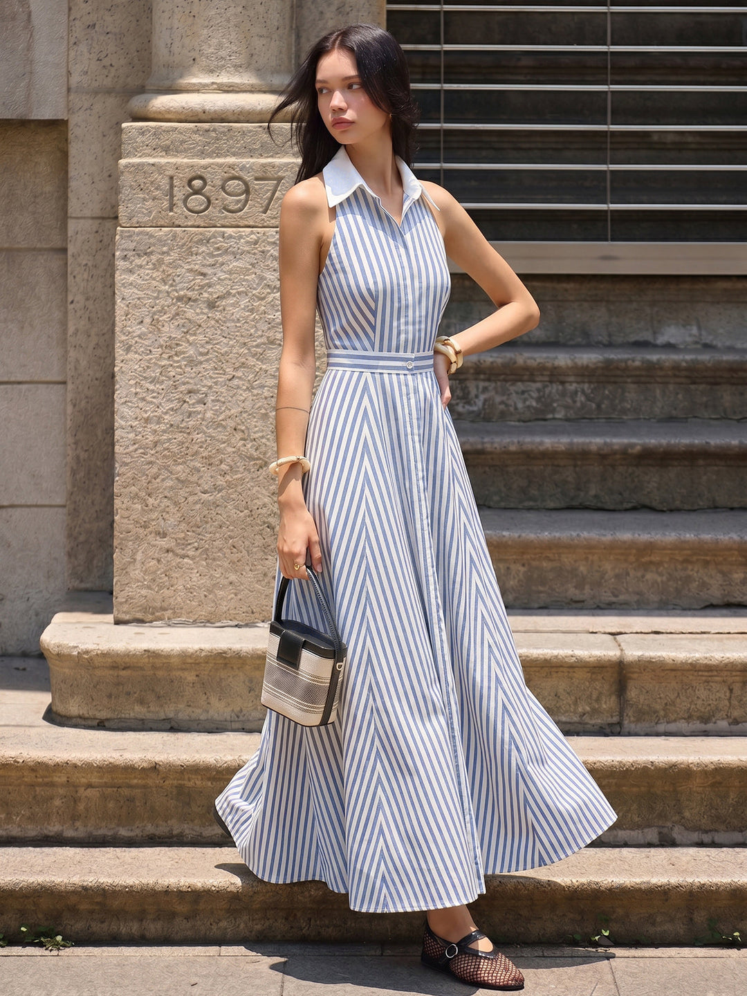 Striped Sleeveless Shirt Maxi Dress