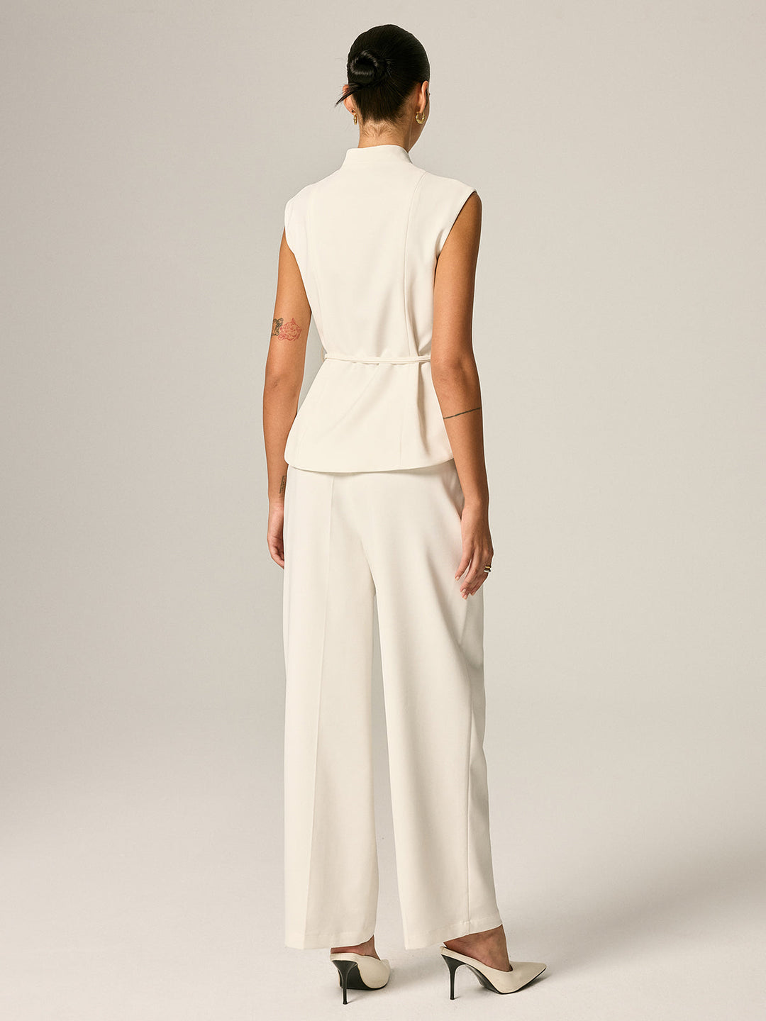 Stand Collar Belted Vest & Pants Set