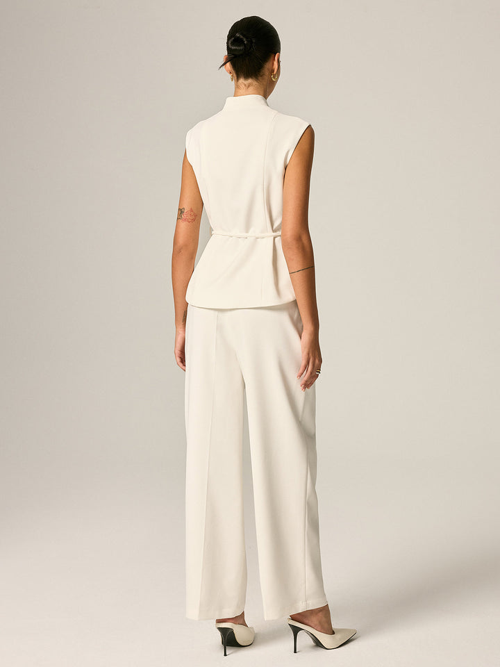 Stand Collar Belted Vest & Pants Set
