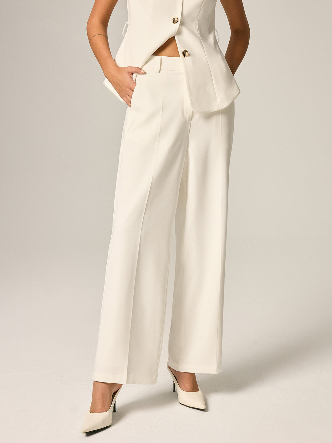 Stand Collar Belted Vest & Pants Set
