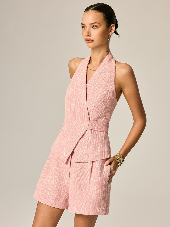 Halter Tweed Vest & Pleated Shorts Set