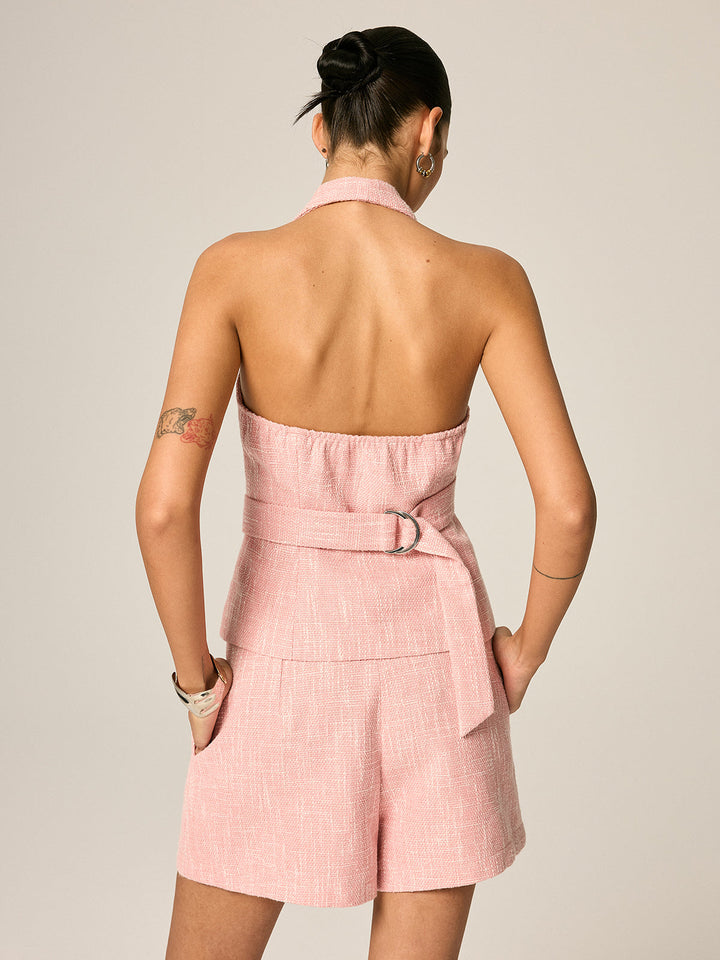 Halter Tweed Vest & Pleated Shorts Set