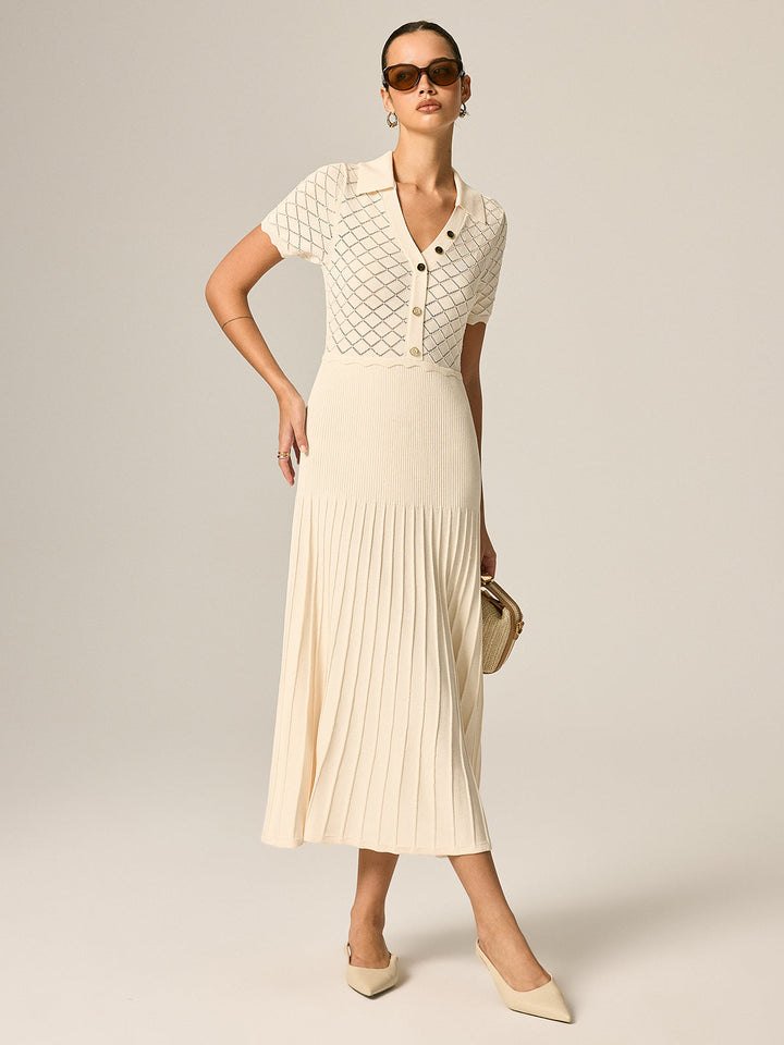 Polo Collar Hollow Knit Pleated Maxi Dress
