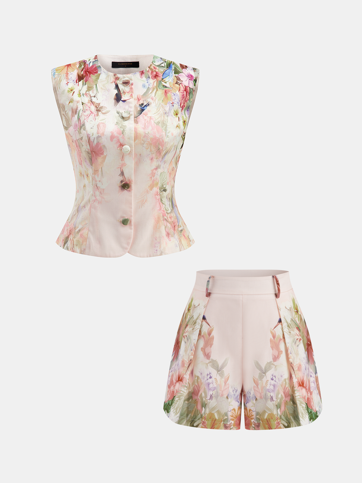 Watercolor Floral Print Vest & Pleated Shorts Set