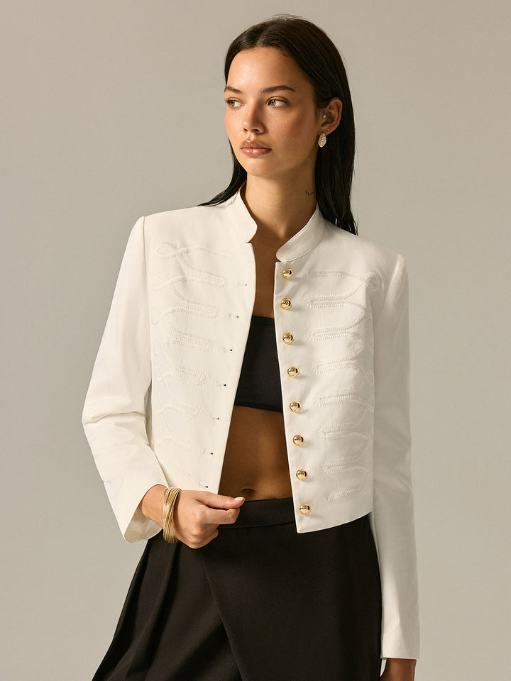 Stand Collar Embroidery Metal Button Jacket