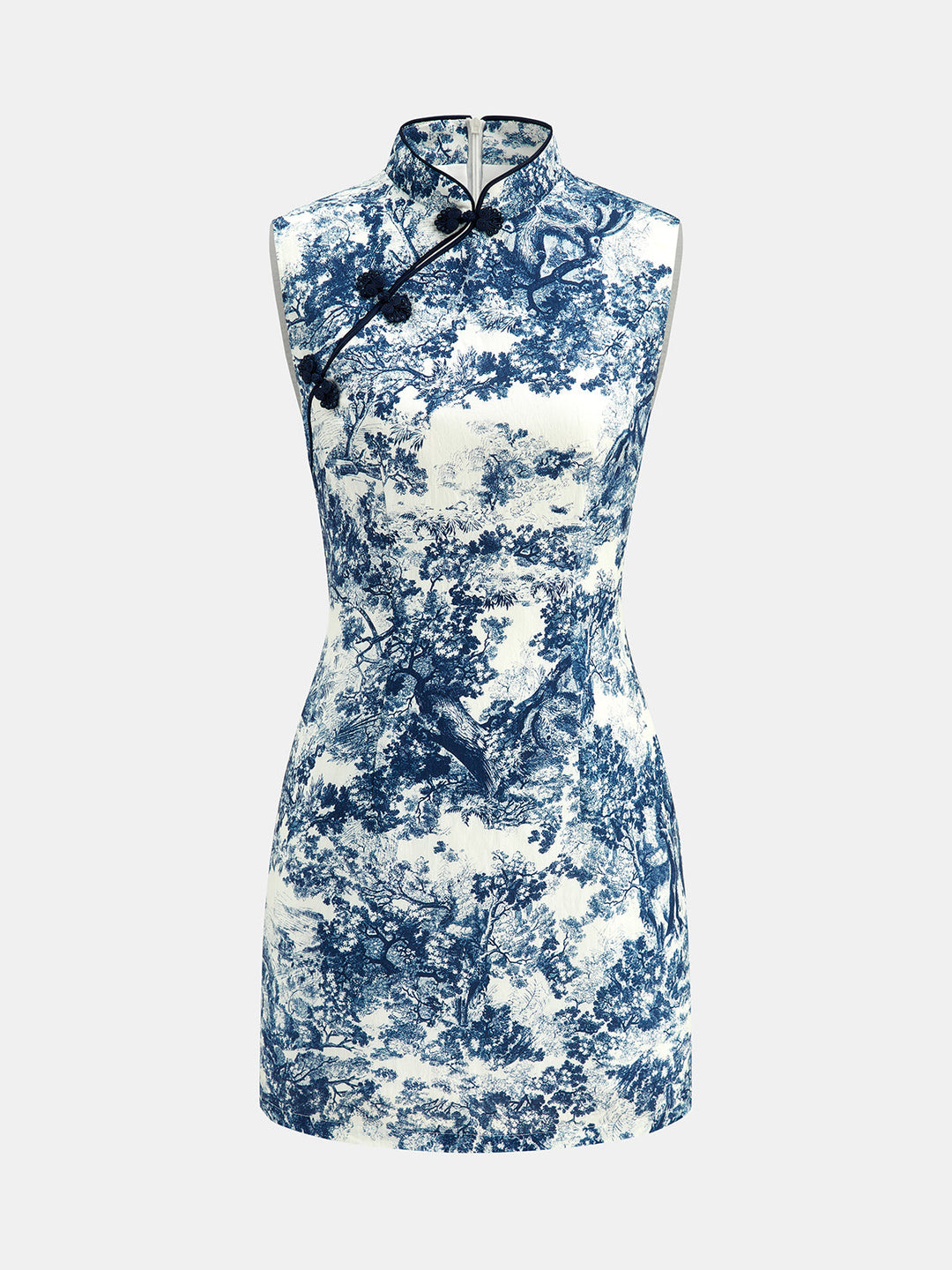 Toile Print Frog Button Sleeveless Mini Dress