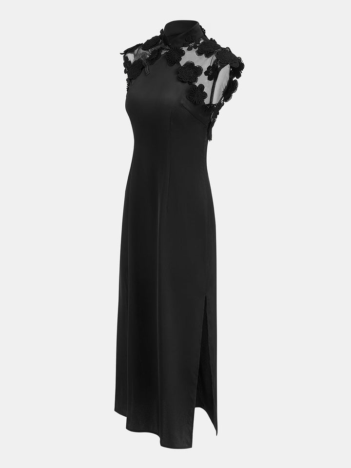 Floral Appliqué Sheer Back Mandarin Collar Maxi Dress