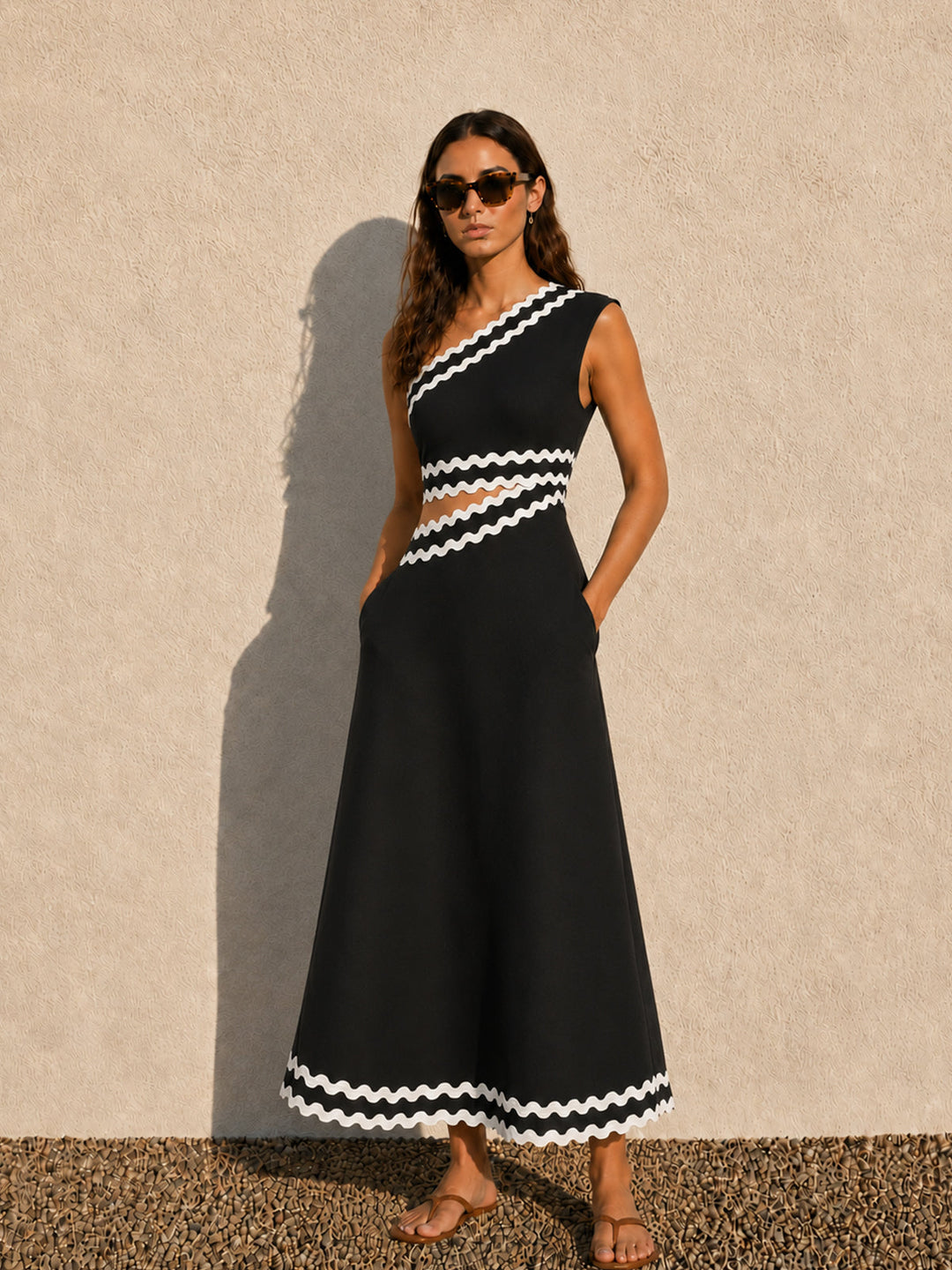 Wave Trim One Shoulder Cutout Midi Dress