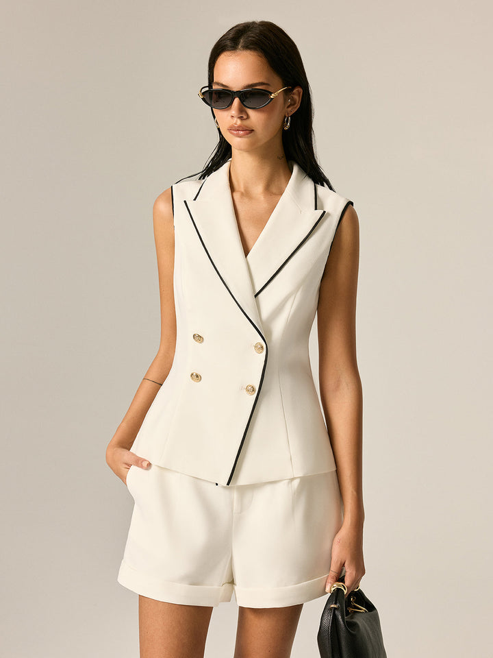 Lapel Double Breasted Vest & Cuffed Shorts Set