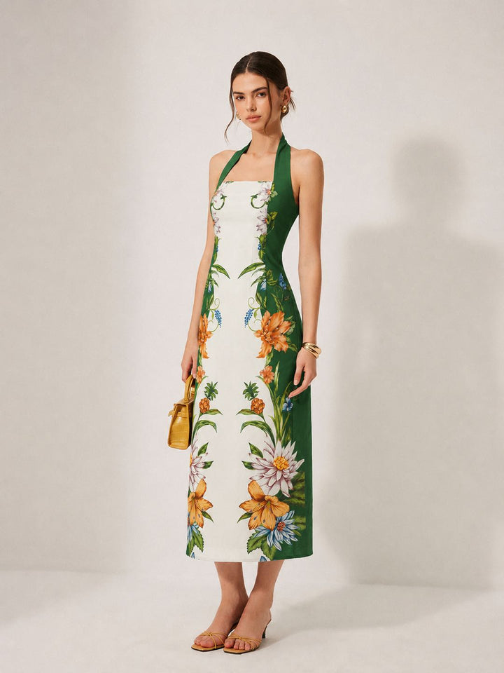 Vintage Botanical Print Halter Midi Dress