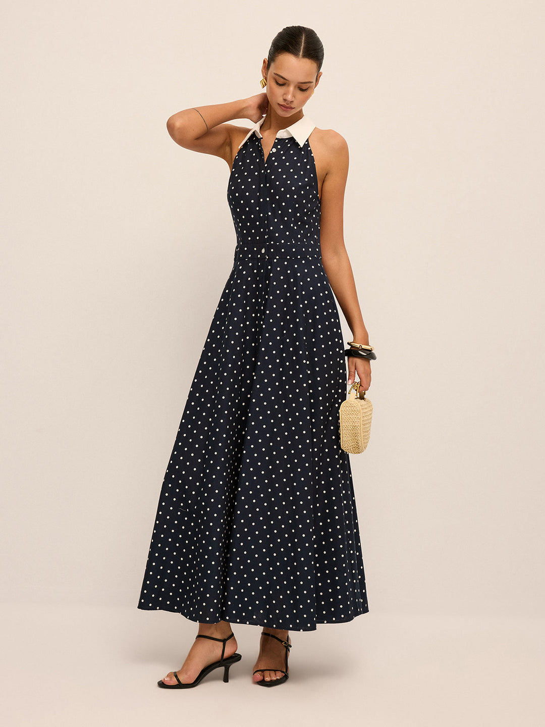 Polka Dot Contrast Collar Cotton Linen Dress