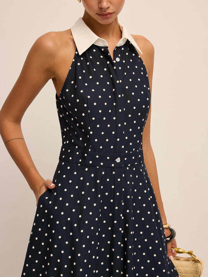 Polka Dot Contrast Collar Cotton Linen Dress