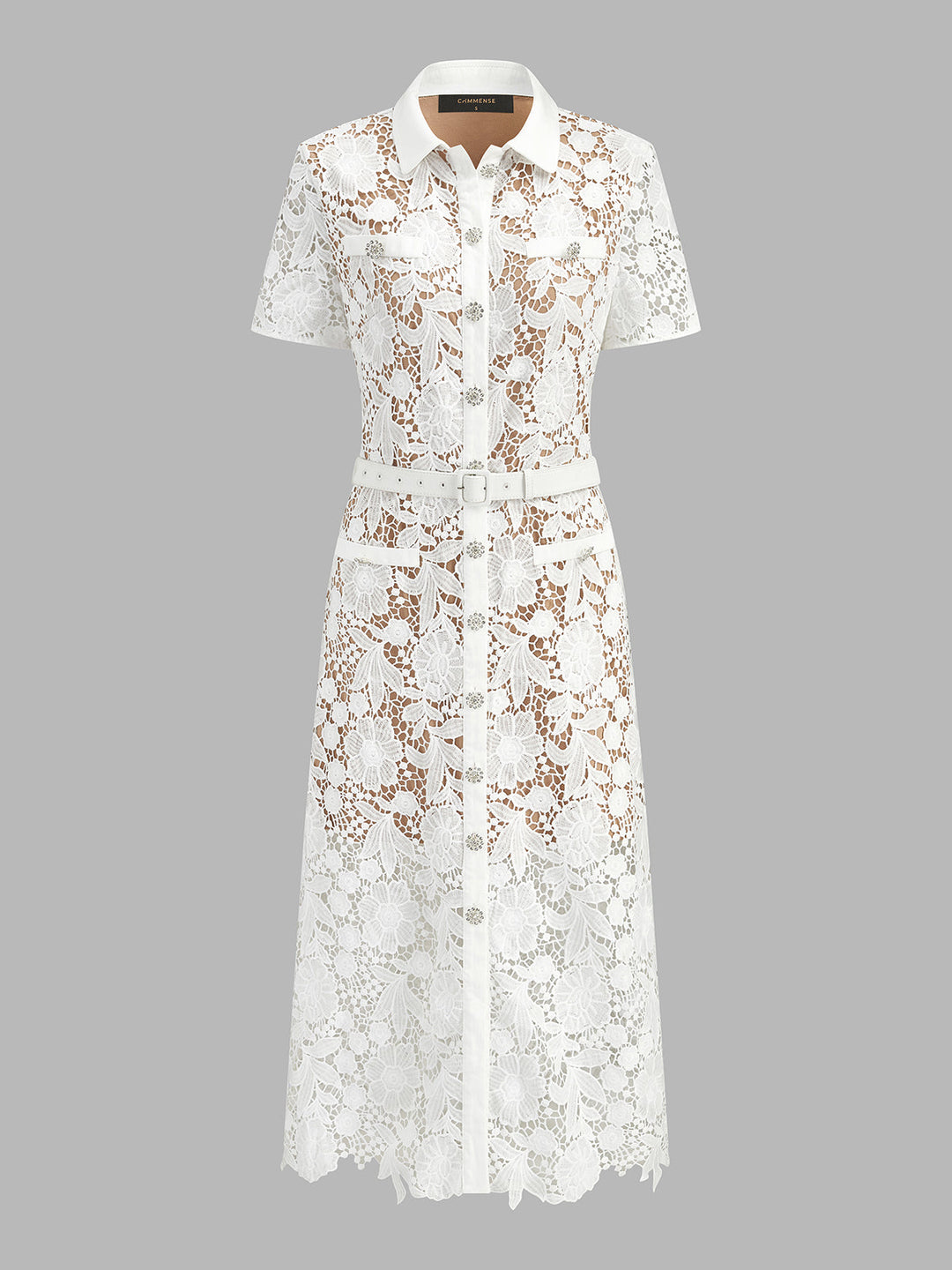 Belted Guipure Lace Shirt Midi Dress