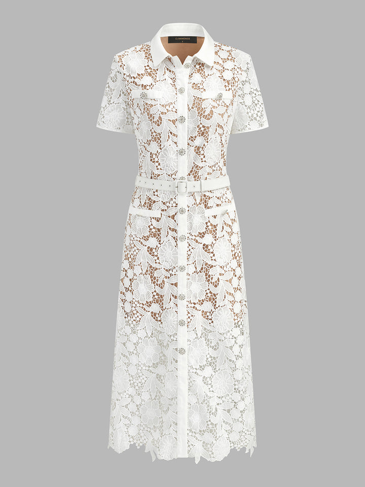 Belted Guipure Lace Shirt Midi Dress