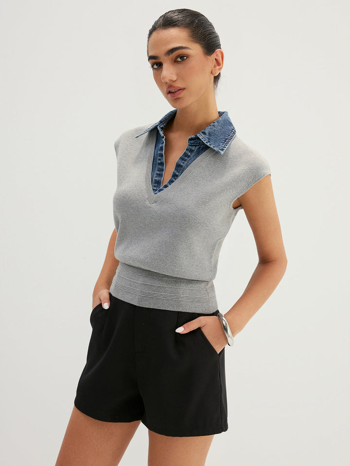 Denim Collar Sleeveless Knit Vest