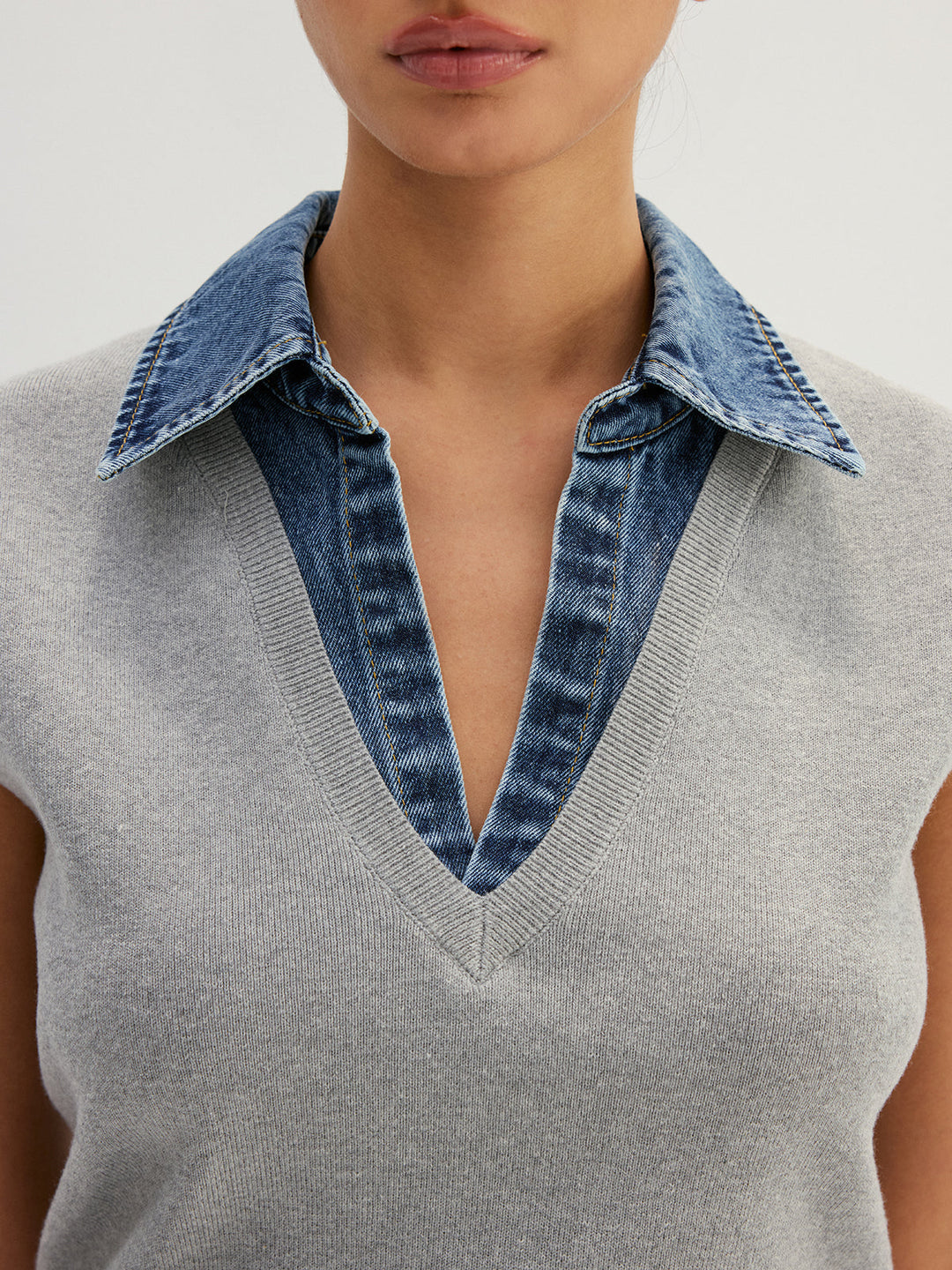 Denim Collar Sleeveless Knit Vest