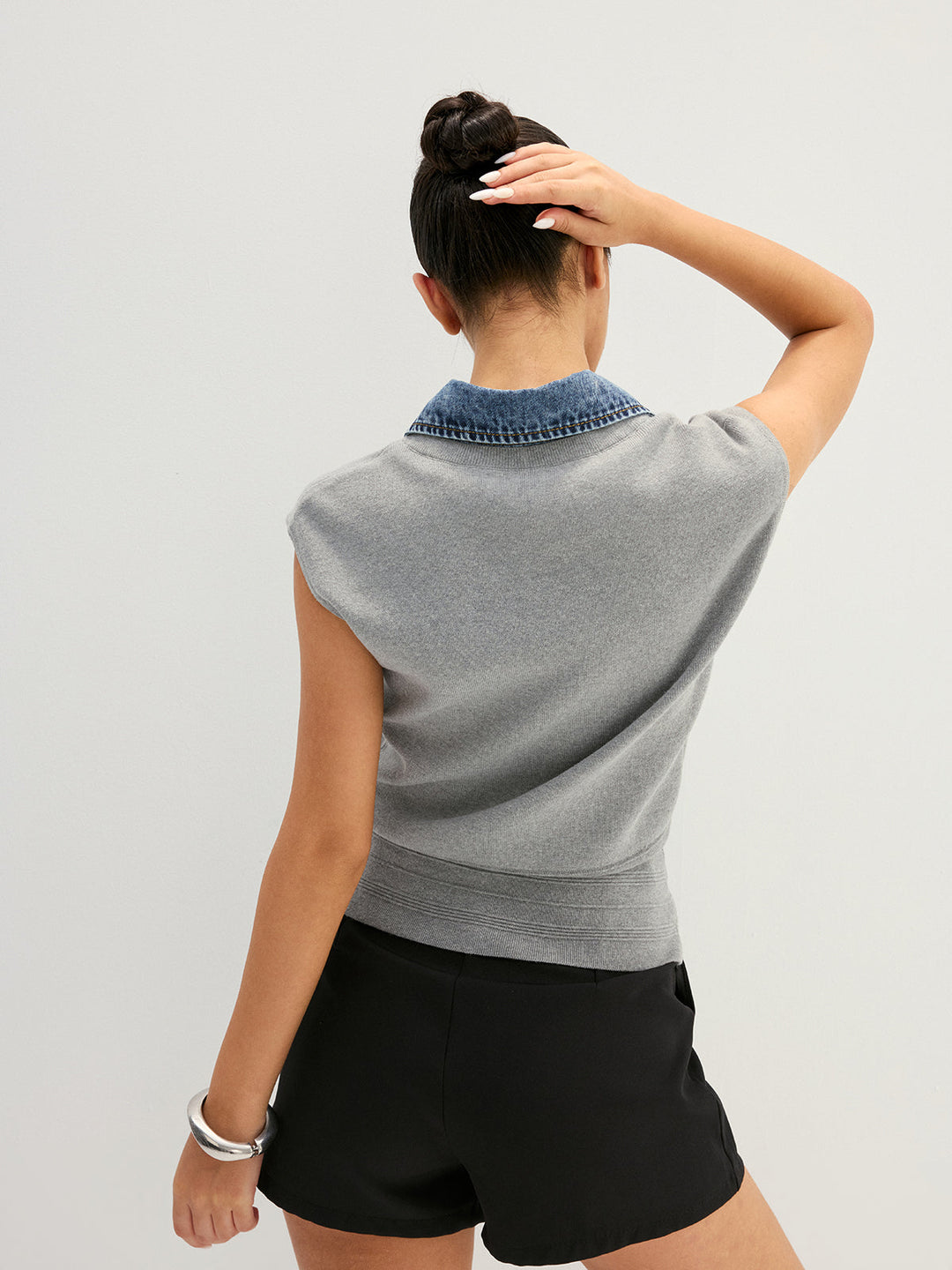 Denim Collar Sleeveless Knit Vest