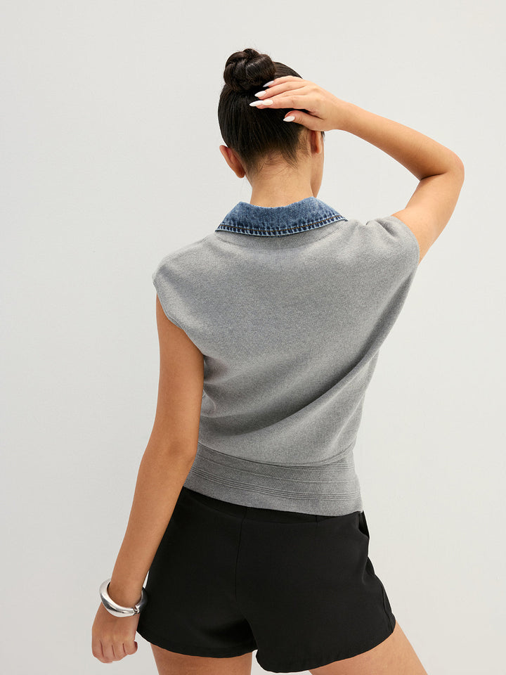 Denim Collar Sleeveless Knit Vest