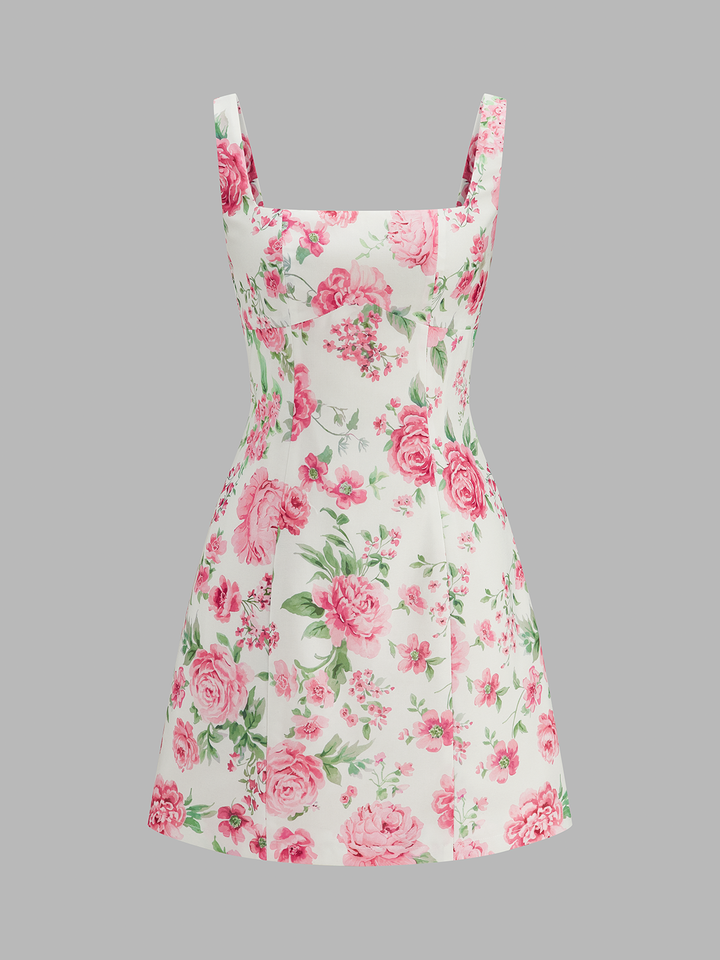 Square Neck Rose Print Slip Mini Dress