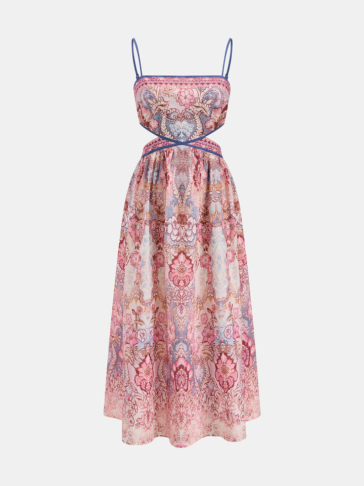 Vintage Floral Cutout Back Tie Maxi Dress