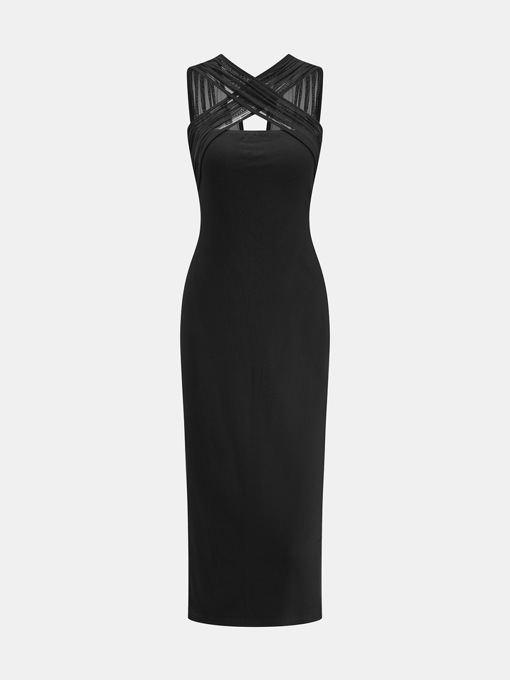 Mesh Cross Strap Bodycon Midi Dress