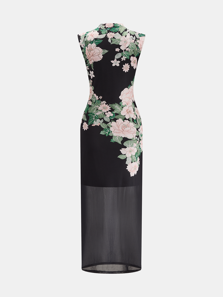 Floral Print Mandarin Collar Keyhole Dress