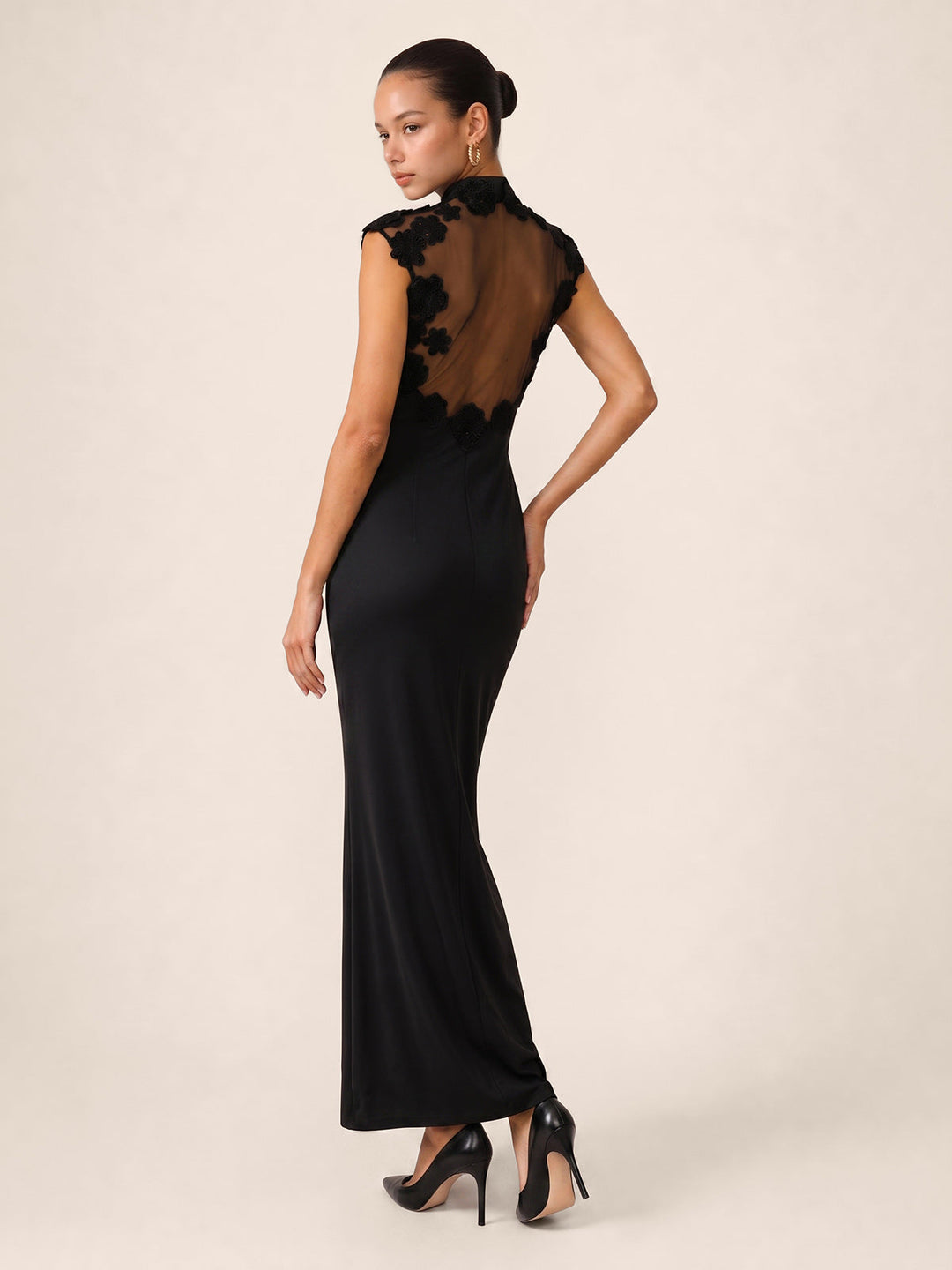 Floral Appliqué Sheer Back Mandarin Collar Maxi Dress