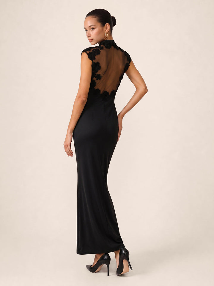 Floral Appliqué Sheer Back Mandarin Collar Maxi Dress