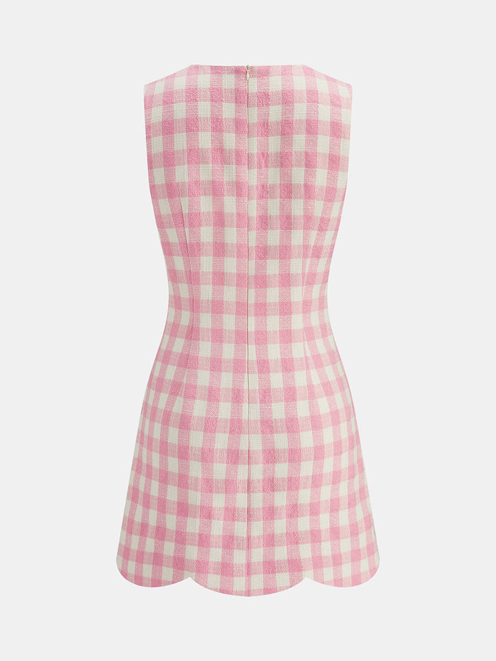 Gingham Scallop Hem Tweed Mini Dress