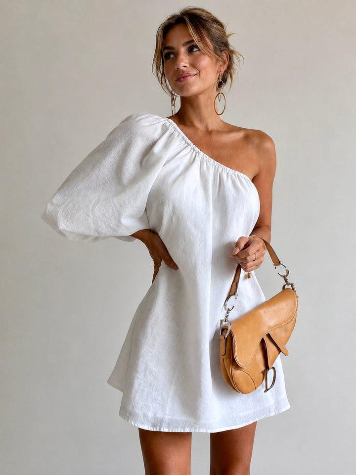 Aegean Cotton Linen One Sleeve Short Dress