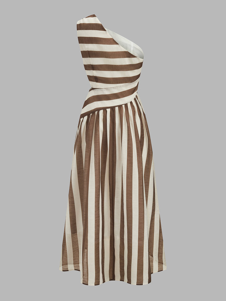 One-Shoulder Striped Ring Detail Midi Dress