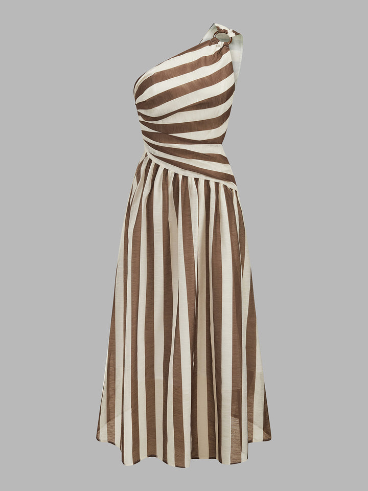 One-Shoulder Striped Ring Detail Midi Dress