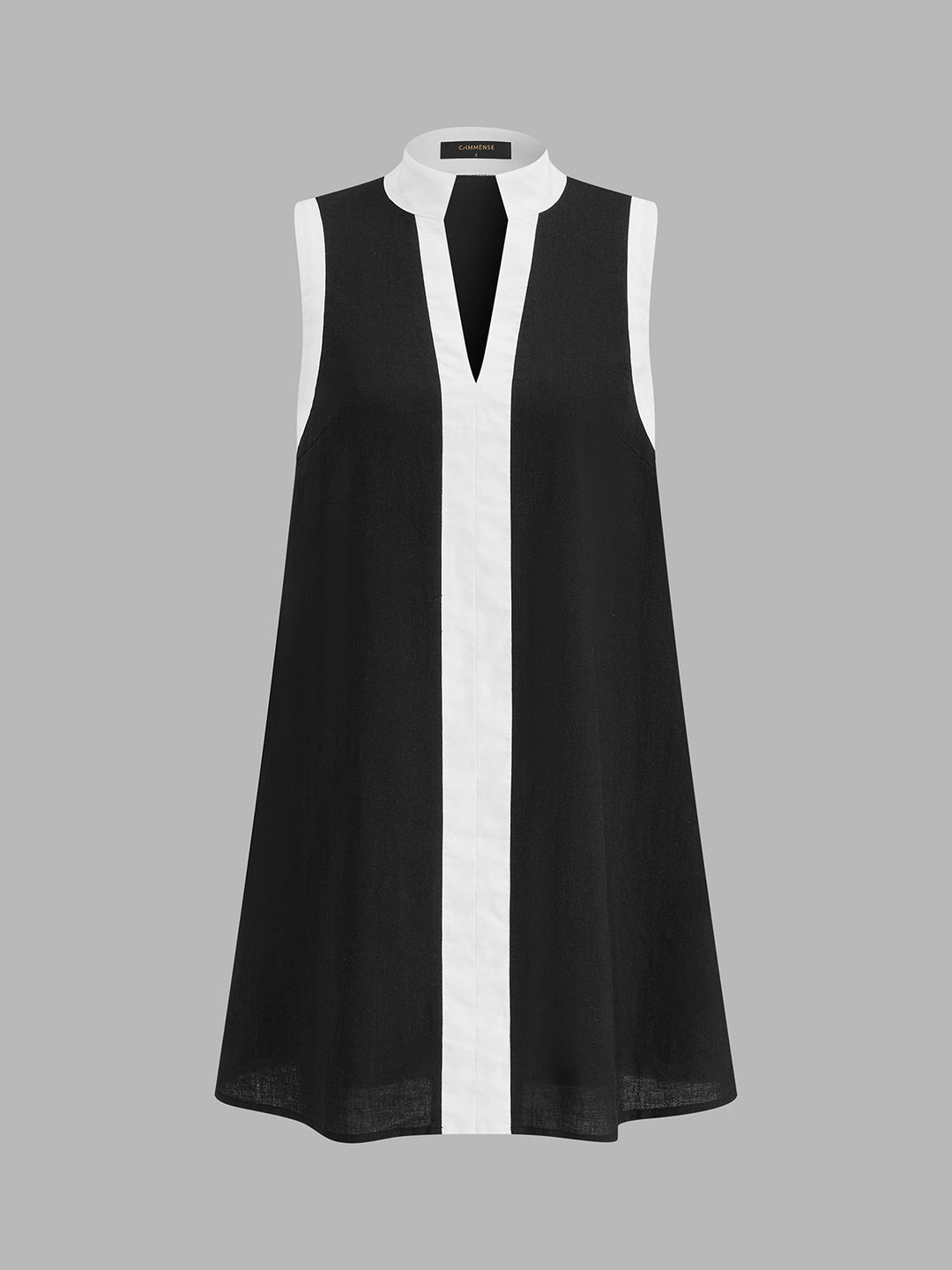 Color Block Stand Collar Cotton Linen Mini Dress