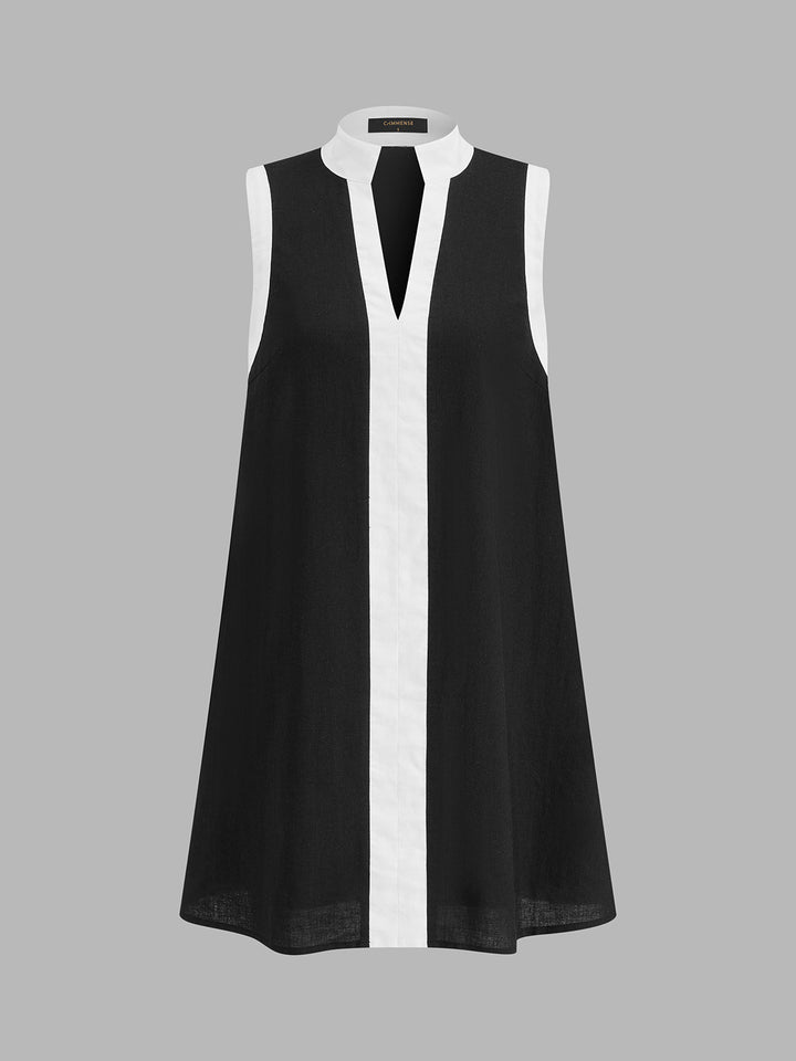 Color Block Stand Collar Cotton Linen Mini Dress