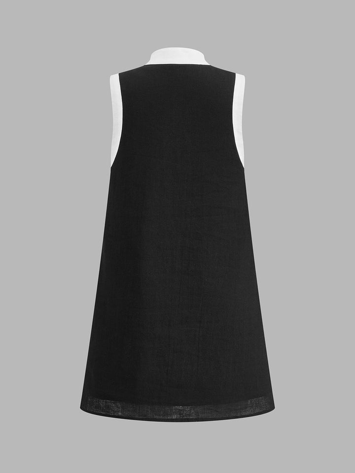 Color Block Stand Collar Cotton Linen Mini Dress