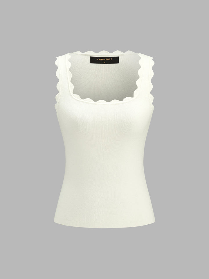 Scallop Edge Square Neck Ribbed Knit Tank Top