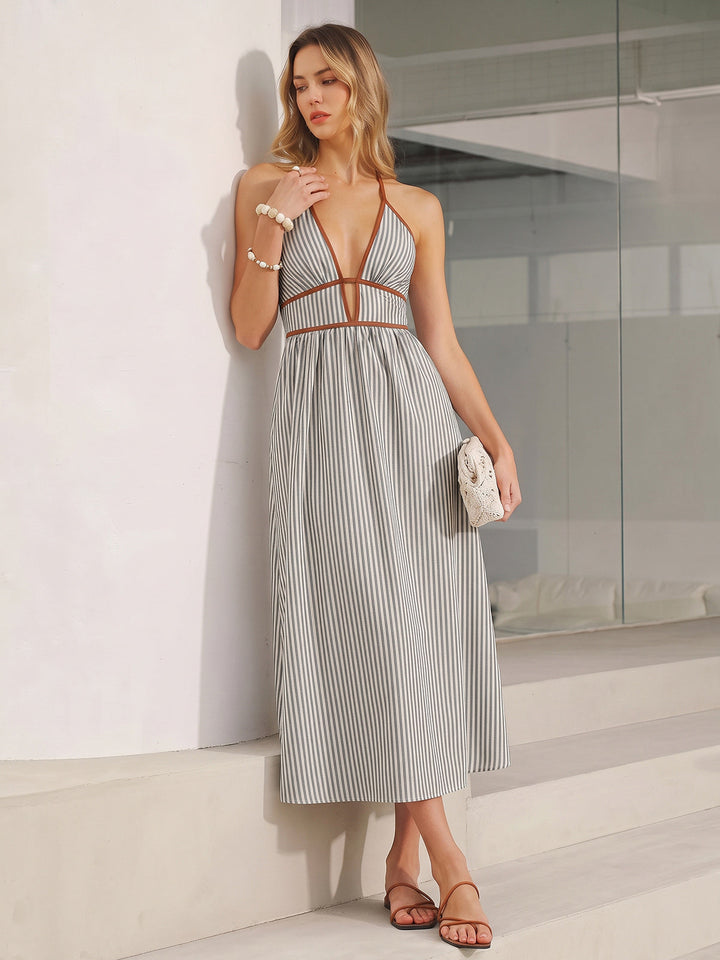 Deep V Neck Halter Striped Midi Dress