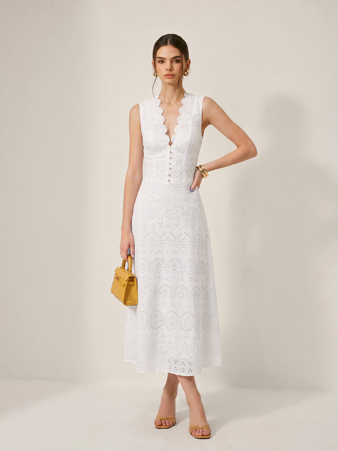 Cotton Sleeveless Embroidered Eyelet Dress with Deep V Neck