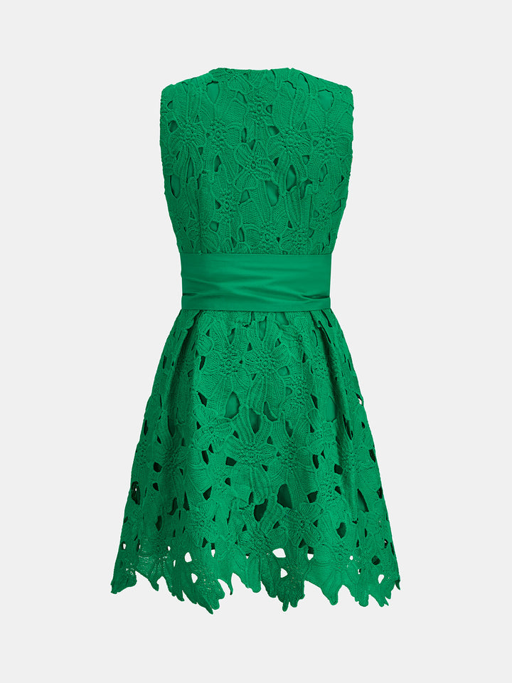 Crochet Lace Belted Sleeveless Mini Dress