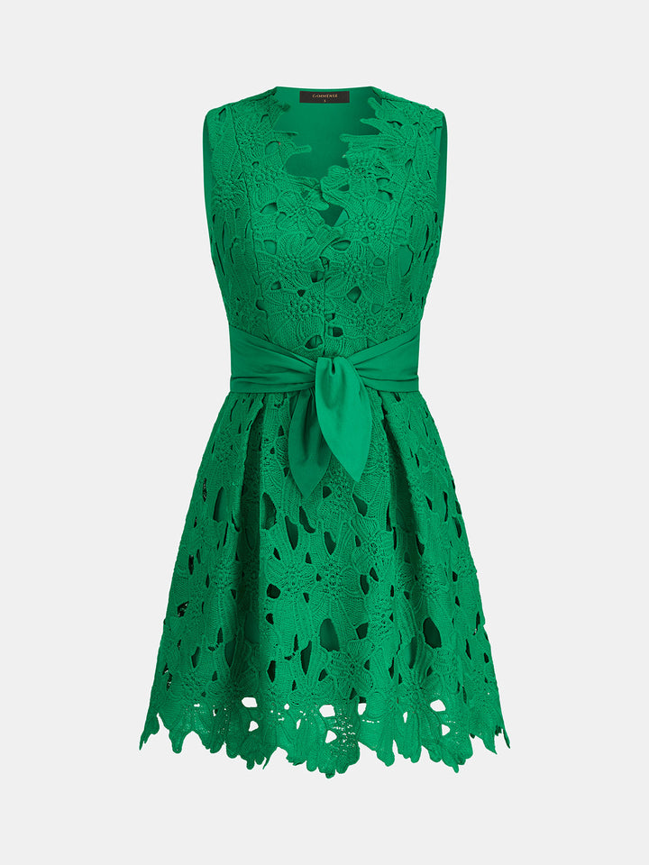Crochet Lace Belted Sleeveless Mini Dress