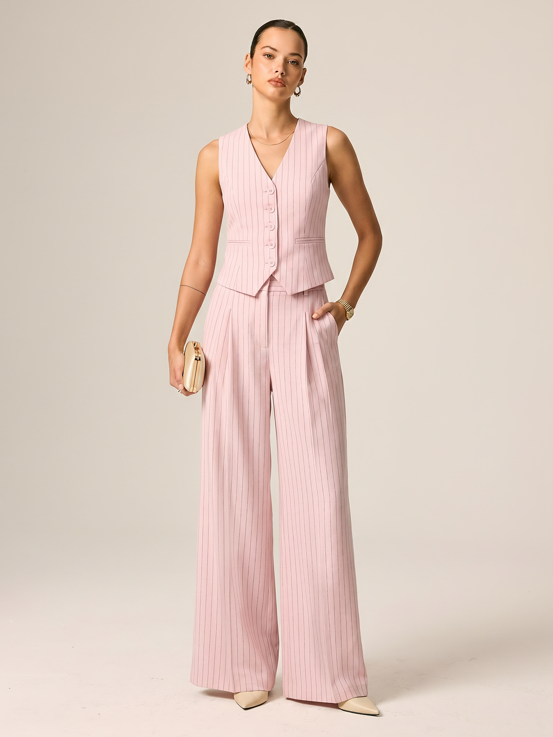 Pinstriped Cotton Linen Vest & Pants Set