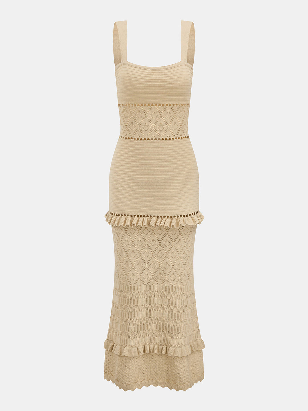 Hollow Knit Ruffle Maxi Slip Dress