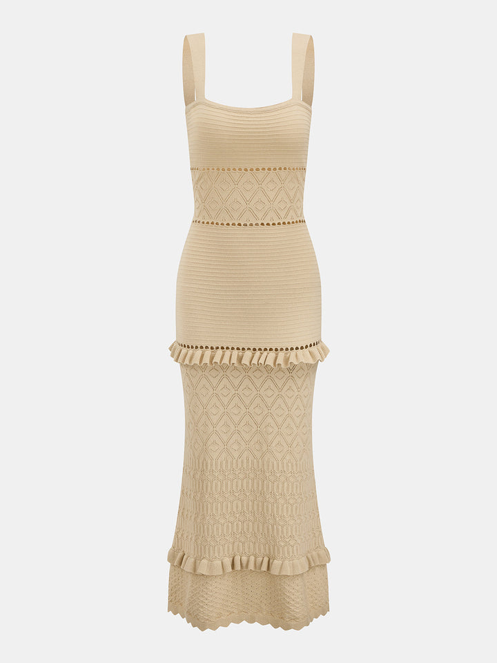 Hollow Knit Ruffle Maxi Slip Dress