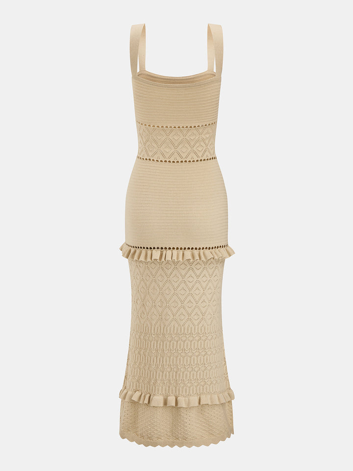 Hollow Knit Ruffle Maxi Slip Dress