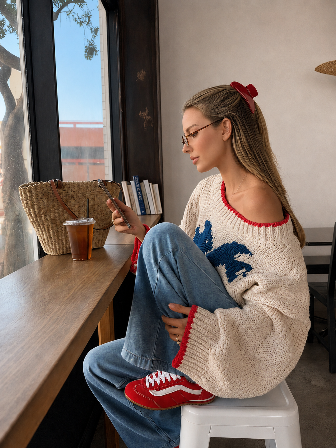 Contrast Edge Fish Intarsia Loose Sweater