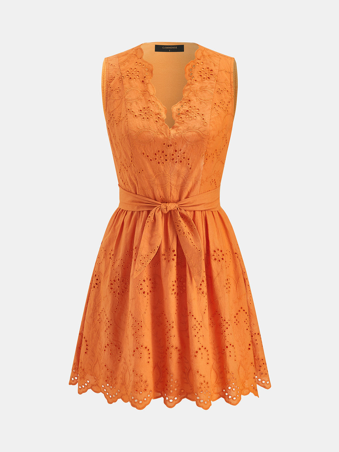 Scallop V Neck Eyelet Belted Mini Dress