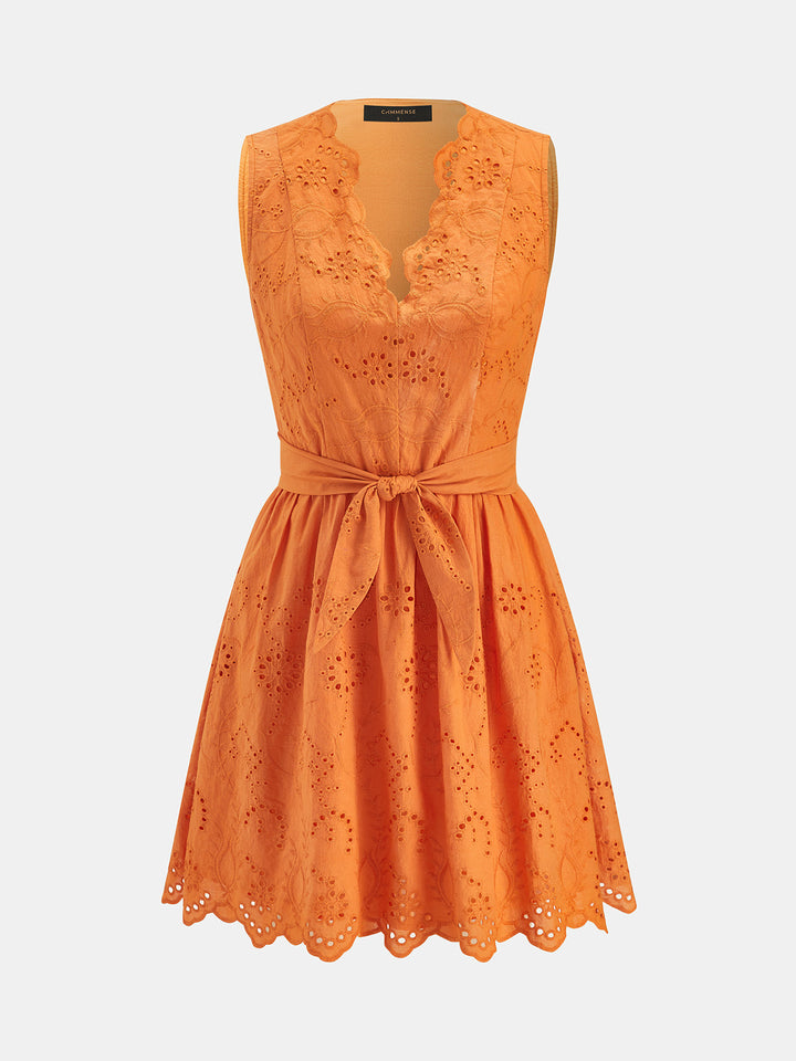 Scallop V Neck Eyelet Belted Mini Dress