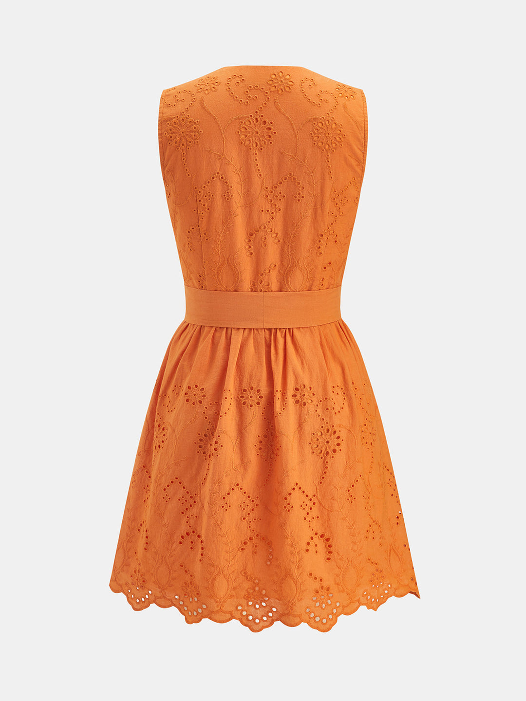 Scallop V Neck Eyelet Belted Mini Dress