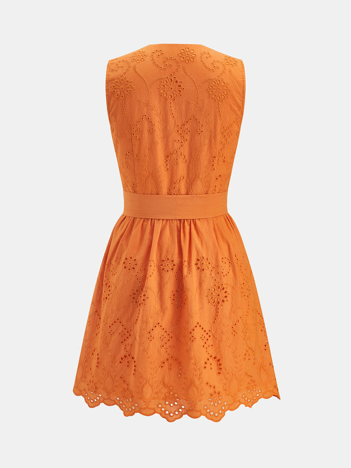 Scallop V Neck Eyelet Belted Mini Dress